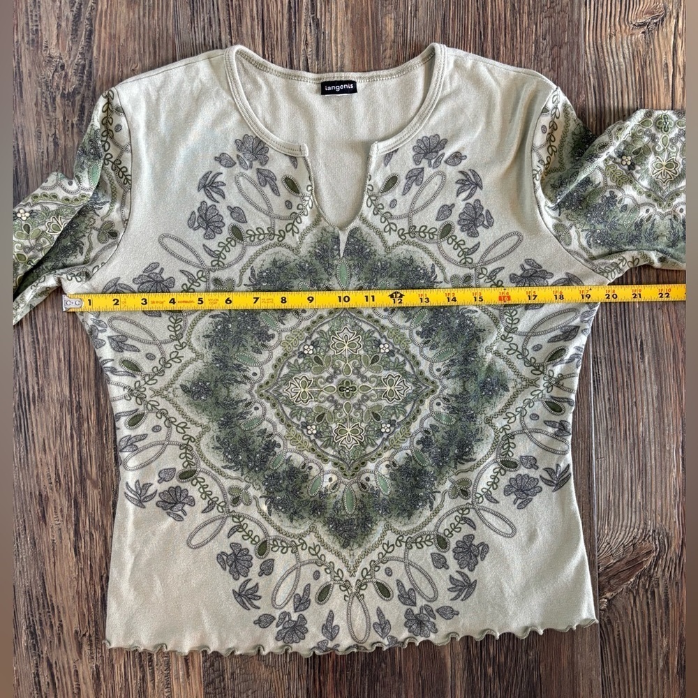 Vtg Tangents 3/4 Sleeve Bohemian Shirt Green Floral No Size Fairy Whimsical Y2K - Picture 4 of 10